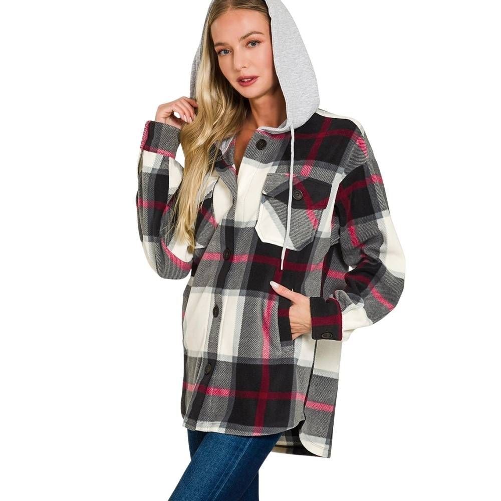 Zenana Plaid Drawstring Hooded Fleece | Cozy Button-Up Shirt Jacket sz Large